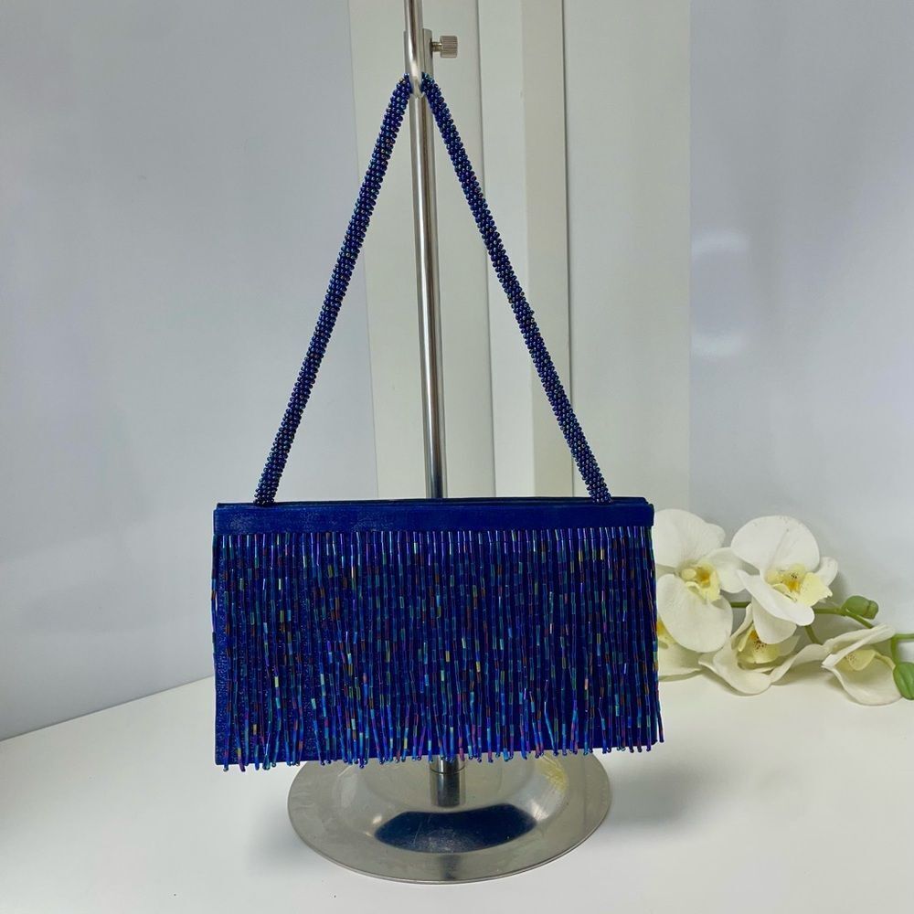 Chic Blue Beaded Fringe Clutch by Sasha